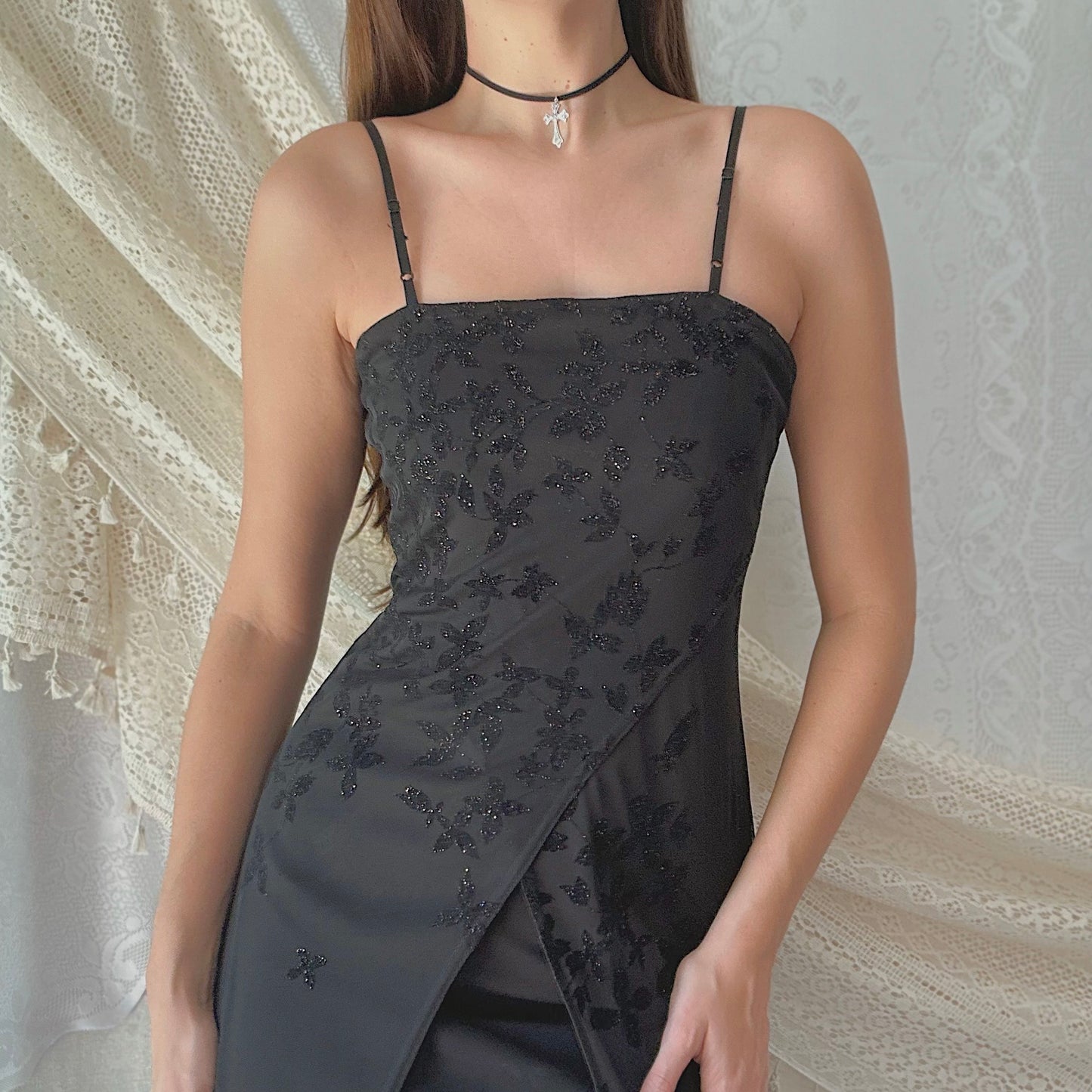 Y2K Black Floral Sparkle Open Dress / SZ M