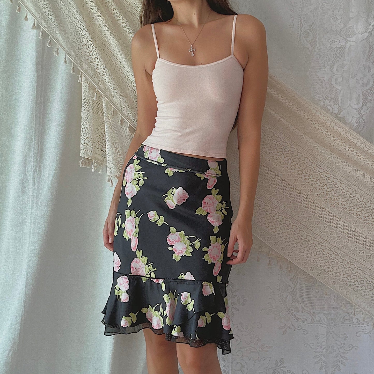 Y2K Black & Pink Rose Silk Midi Skirt / SZ 2