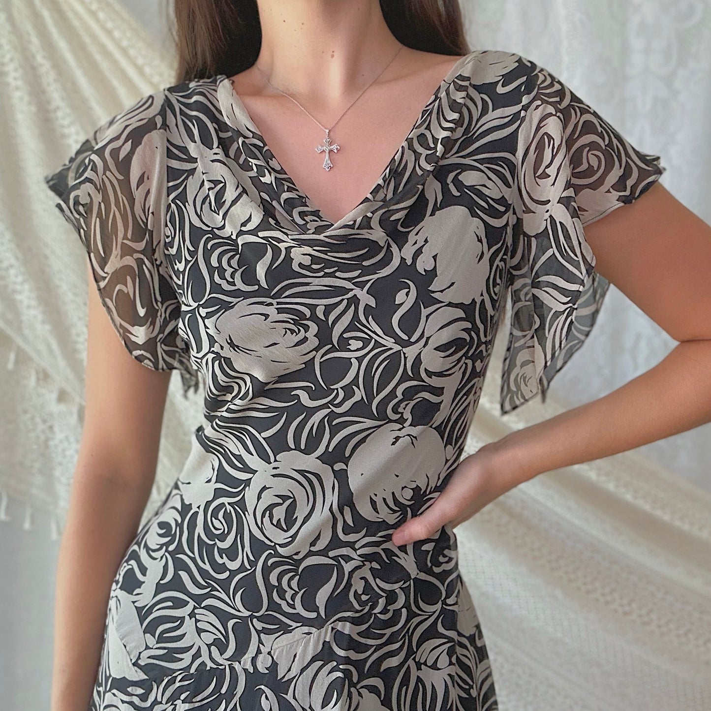 Y2K Black & Taupe Silk Printed Midi Dress / SZ 4/6