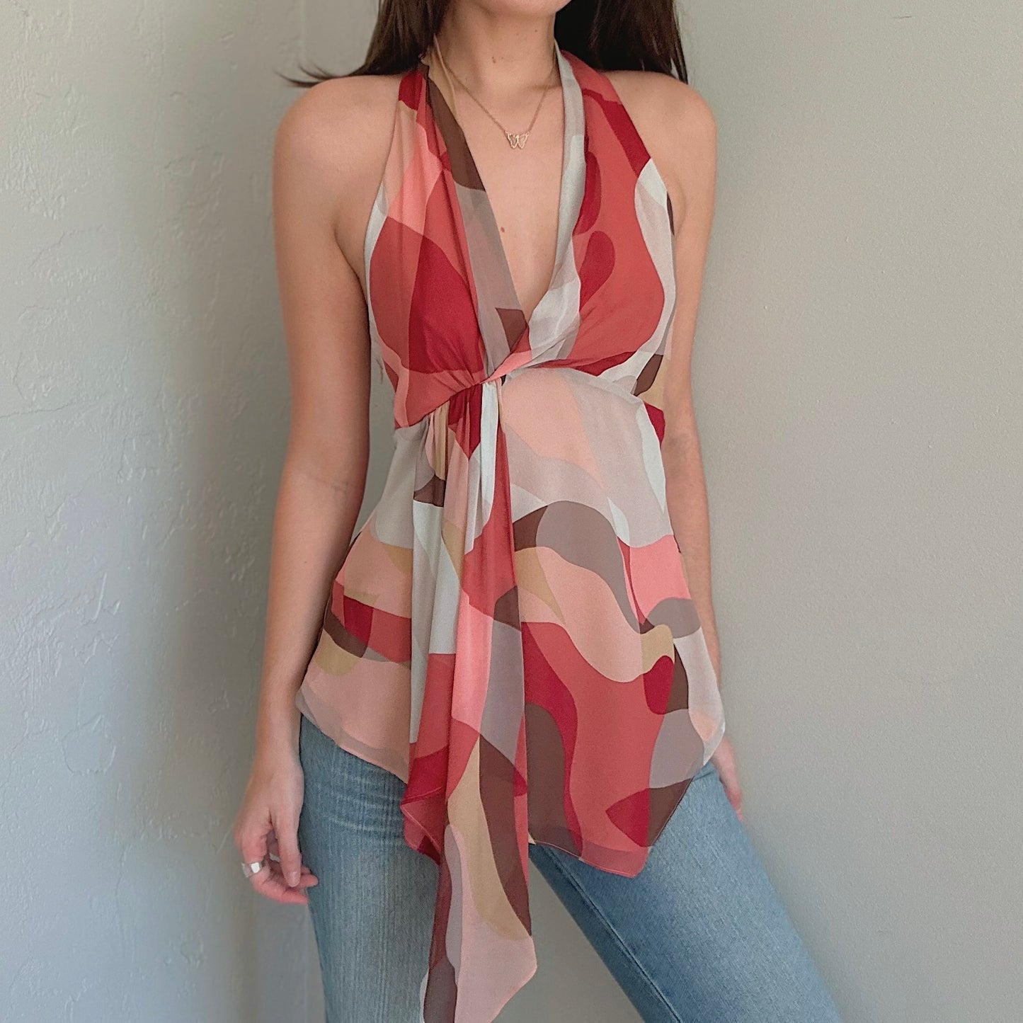 BCBGMaxAzria Pink Swirly Silk Halter Top / SZ M