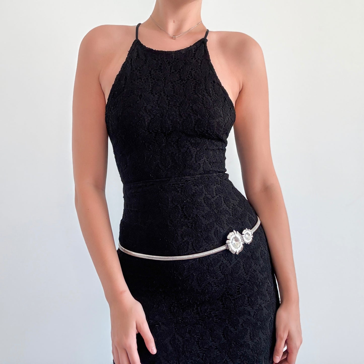 Y2K Silver Flower Skinny Belt / SZ M-L
