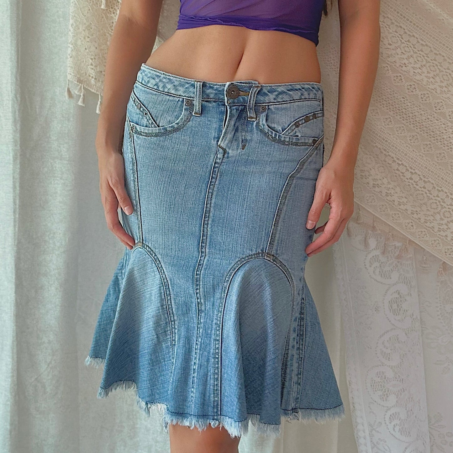Y2K Denim Flared Midi Skirt / SZ XS
