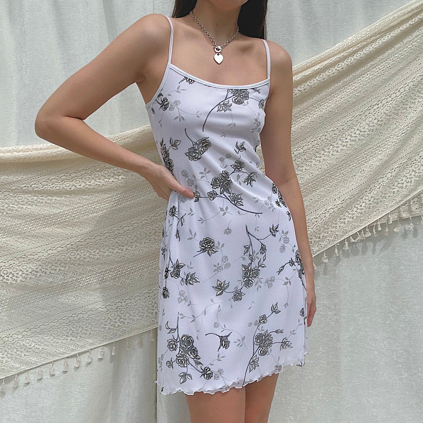 Y2K French White Floral Mesh Dress / SZ M