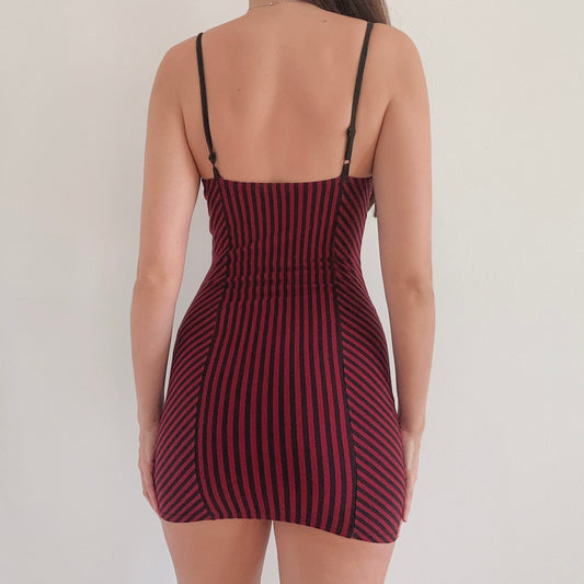 Burgundy & Black Striped Bustier Mini Dress / SZ S