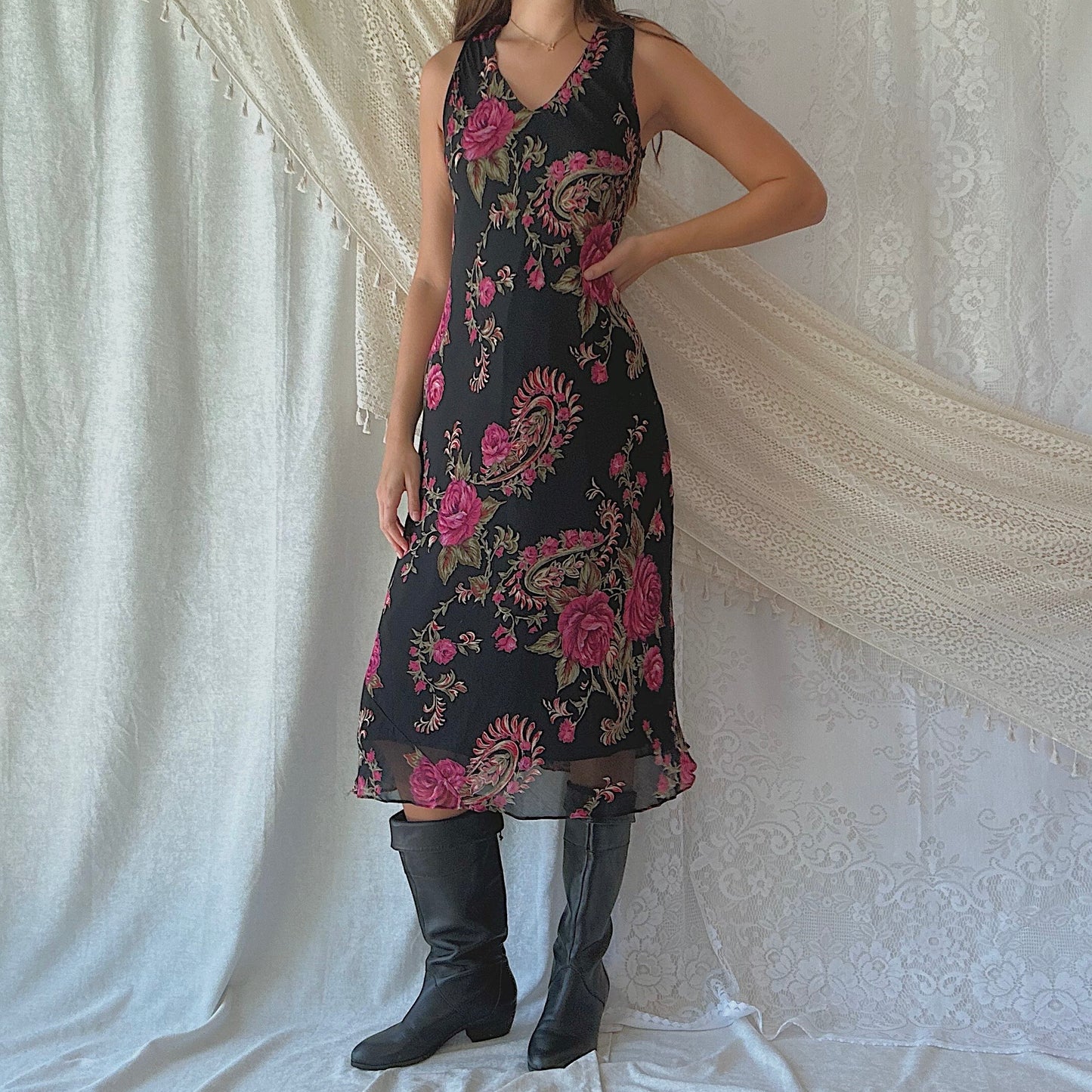 90's Black & Magenta Floral Rayon Dress / SZ M