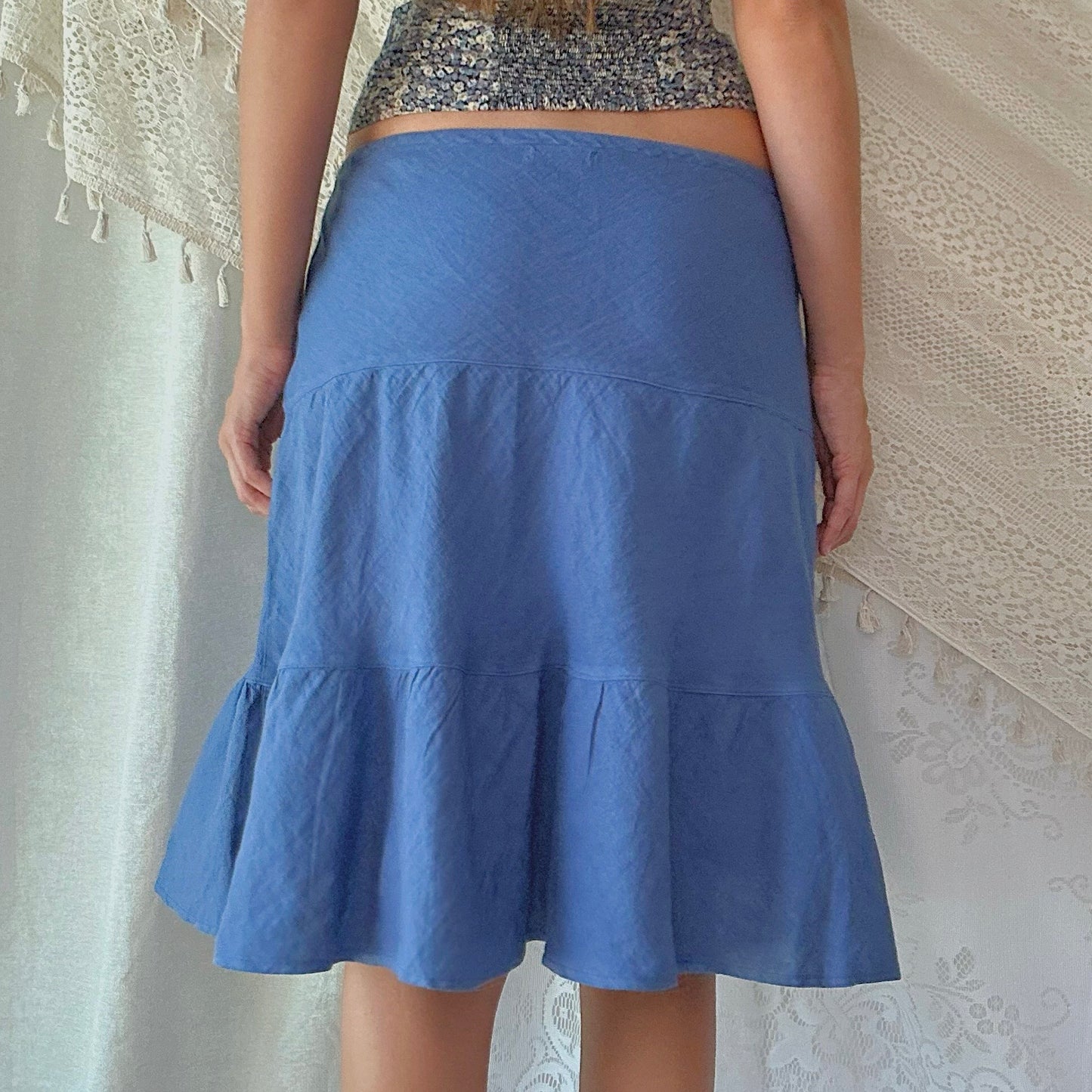 Y2K Blue Linen Tiered Midi Skirt / SZ M/L