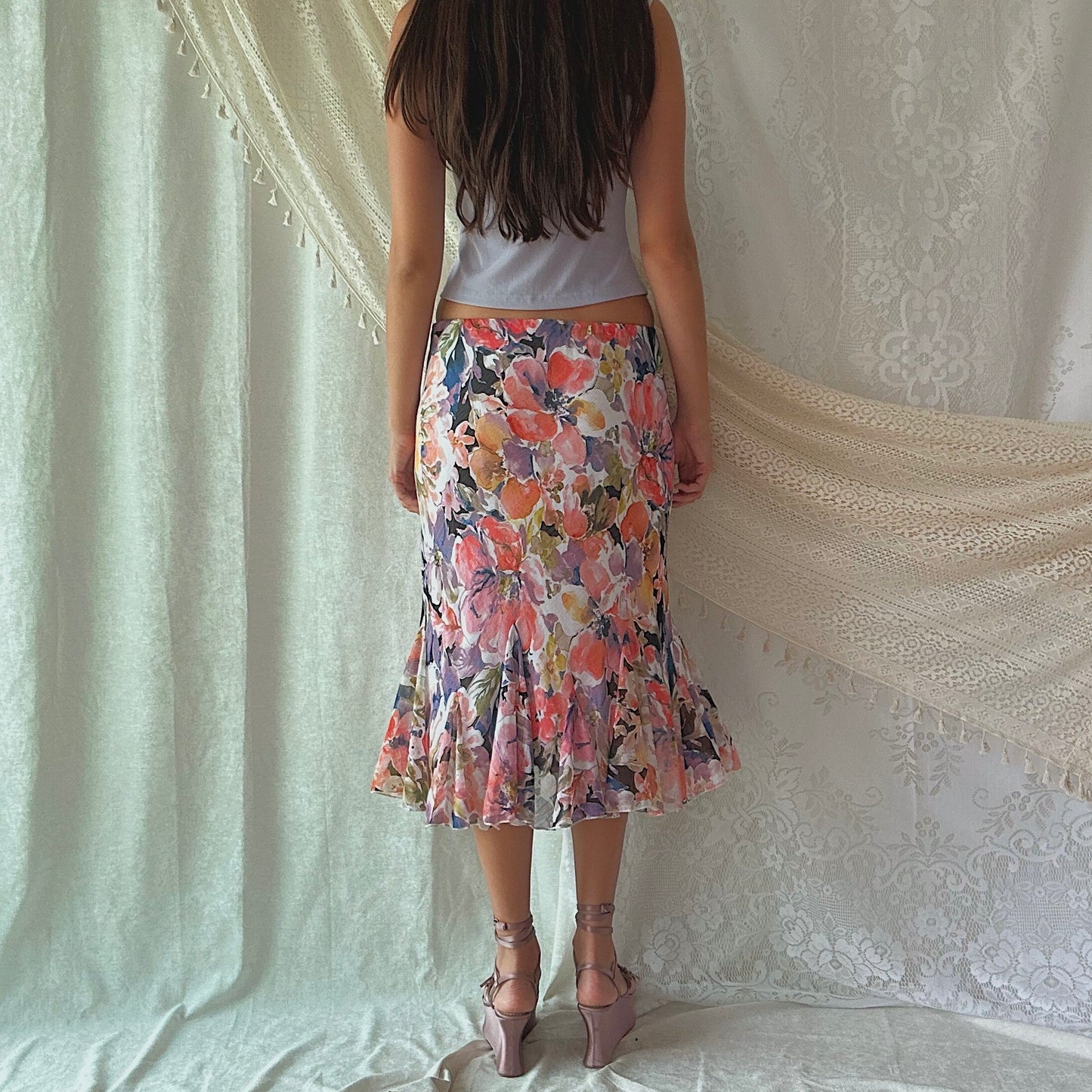 Y2K Purple & Pink Floral Midi Skirt / SZ M