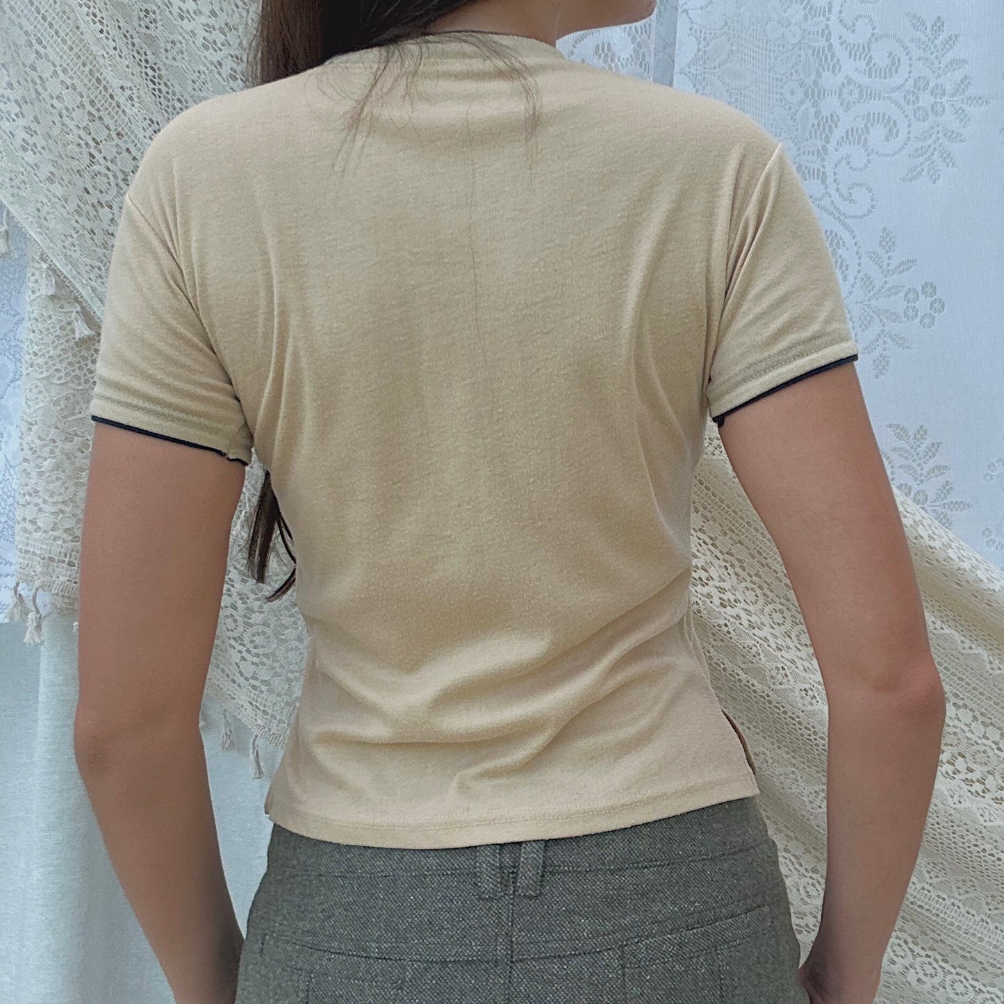 90's Tan Embroidered Mandarin Collar Top / SZ S