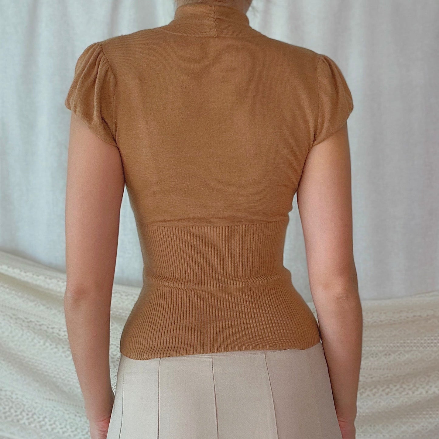 Y2K Bebe Camel Knit Puff Sleeve Top / SZ S