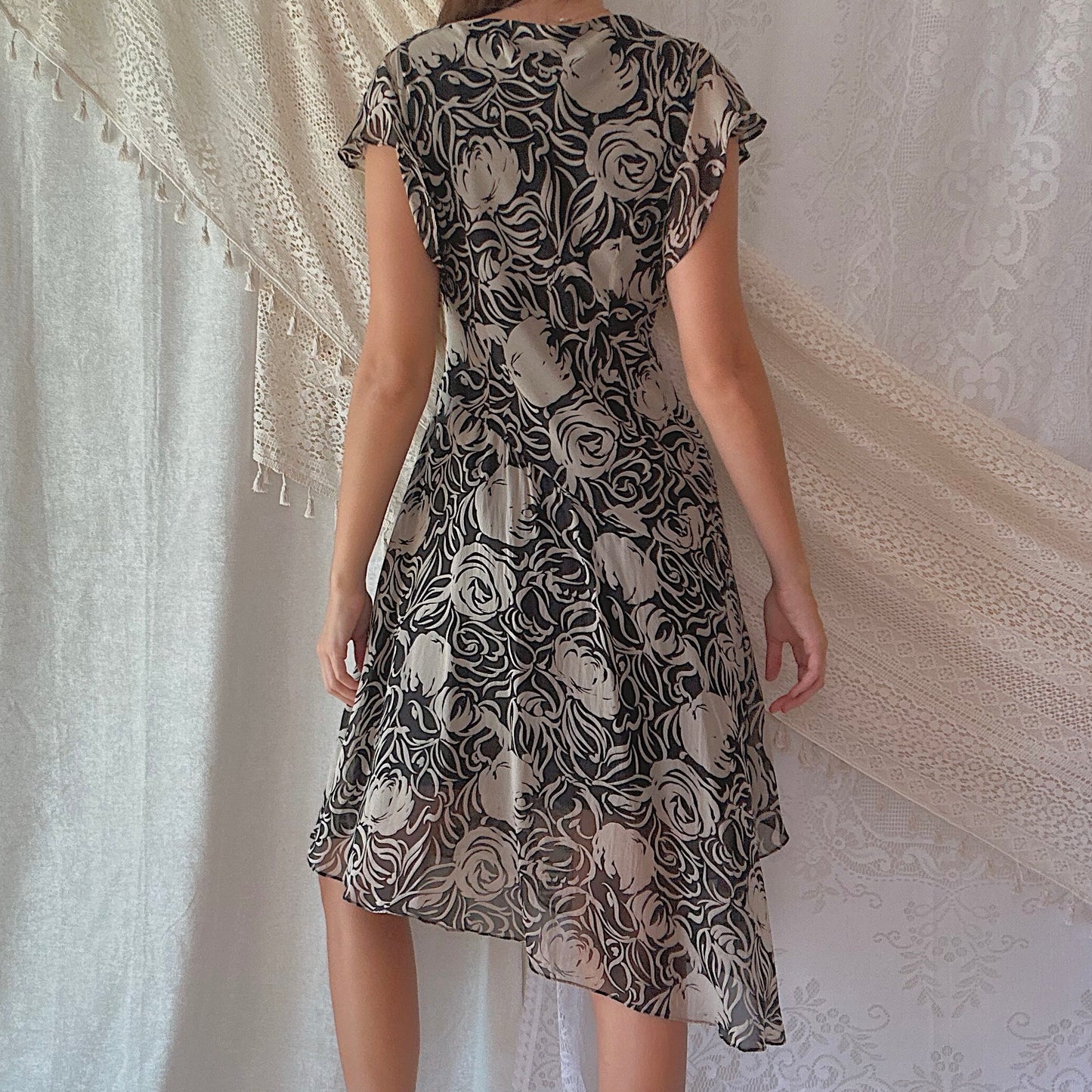 Y2K Black & Taupe Silk Printed Midi Dress / SZ 4/6