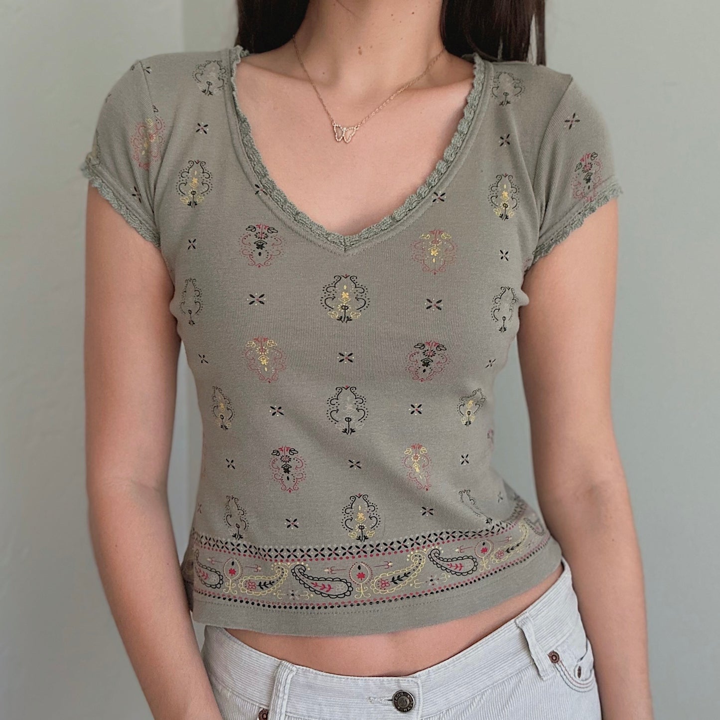 Y2K Olive Printed Cotton Tee / SZ M
