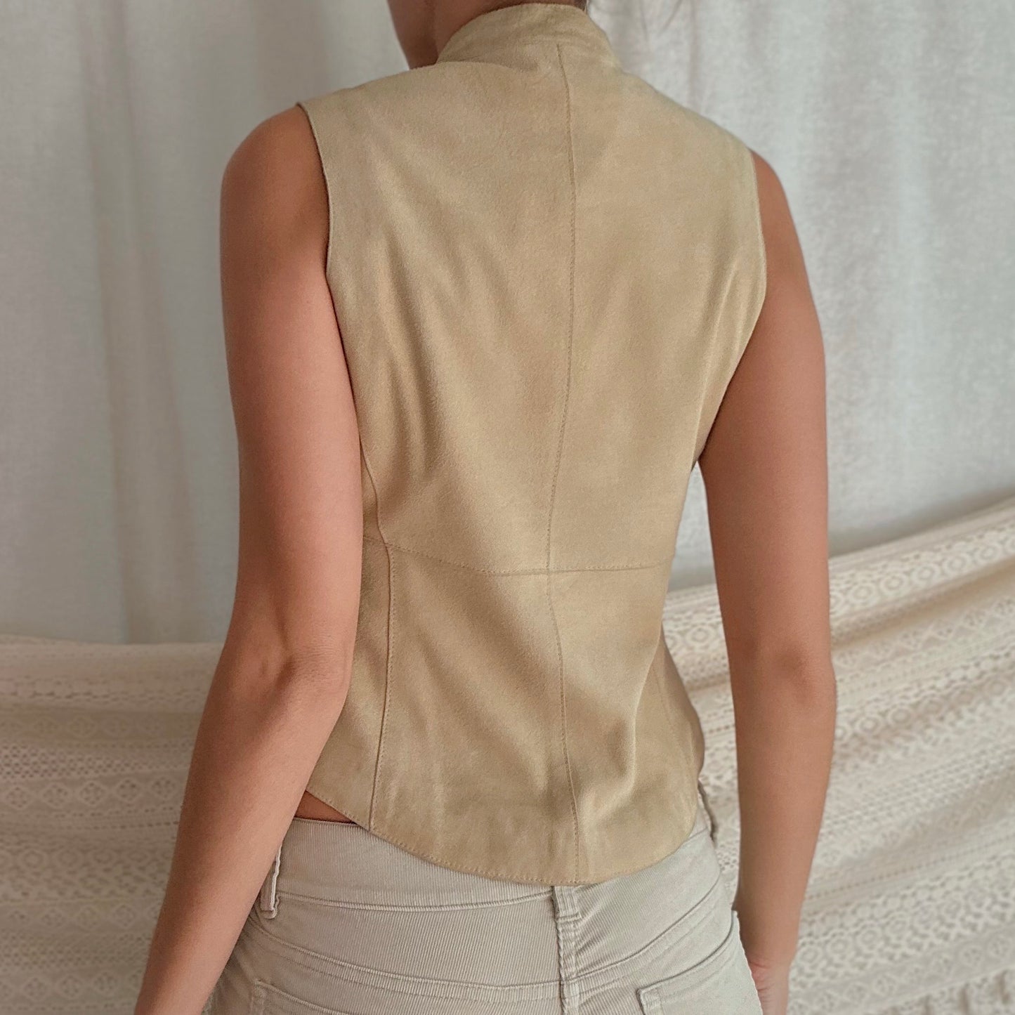 90's Beige Suede Ruffle Blouse / SZ S/M