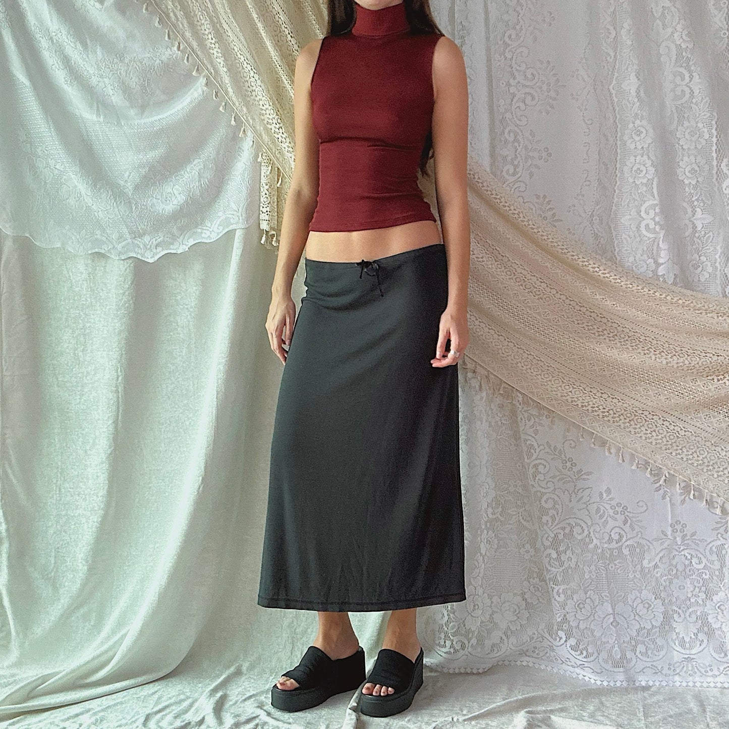 Y2K Black Drawstring Maxi Skirt / SZ M/L