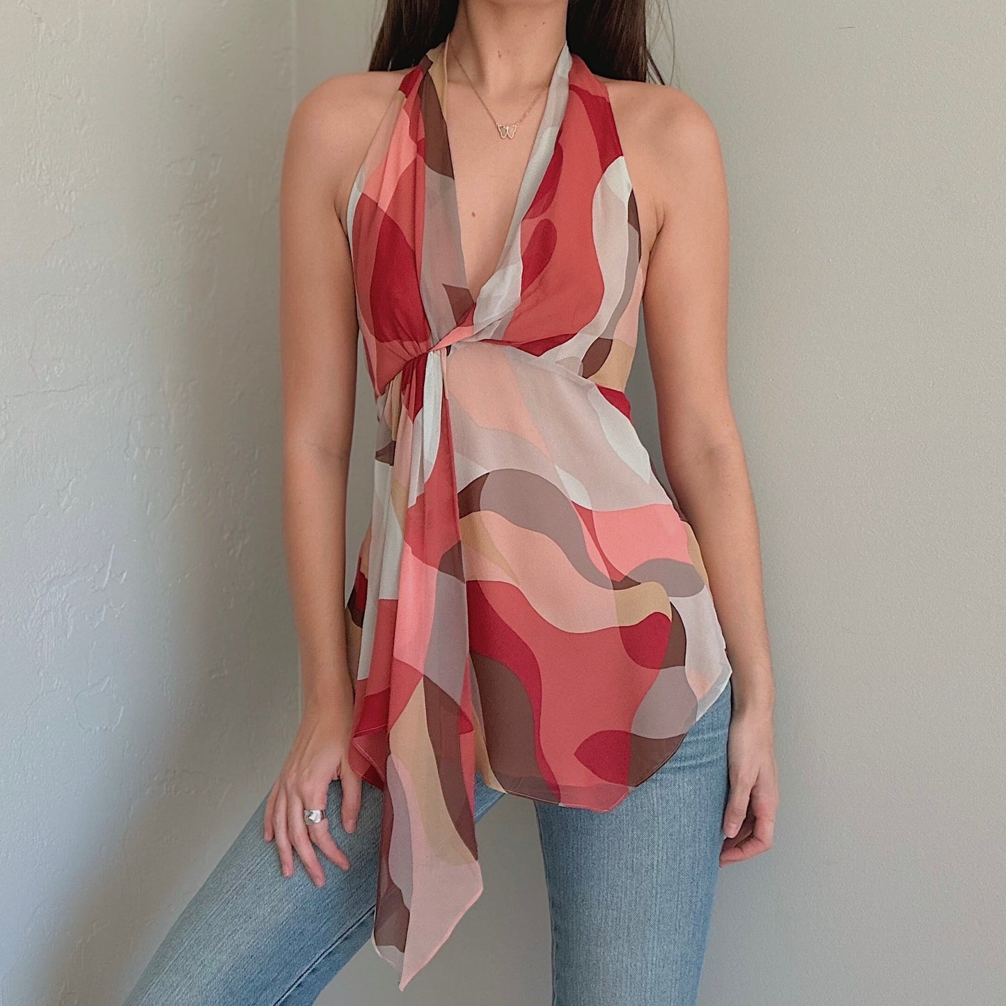 BCBGMaxAzria Pink Swirly Silk Halter Top / SZ M
