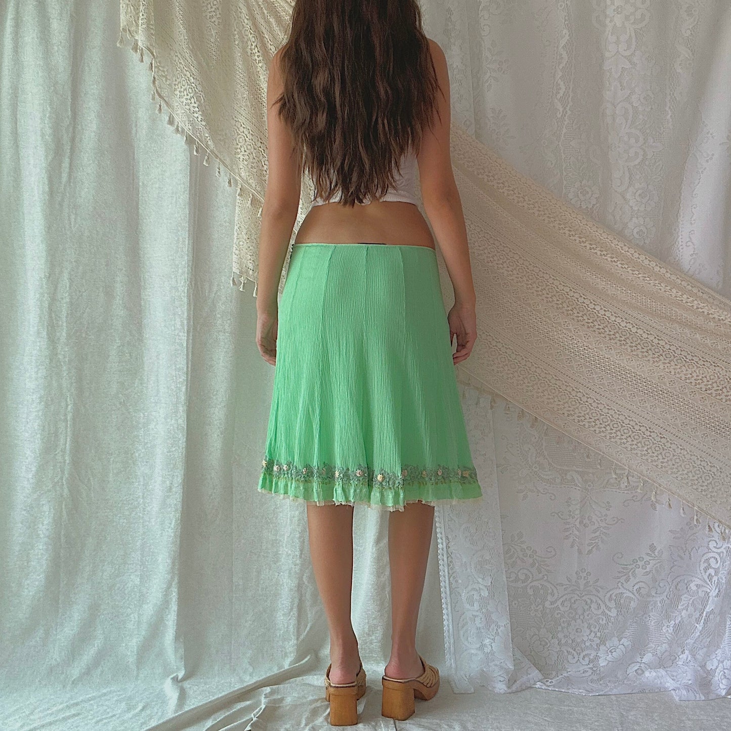Y2K Seafoam Silk Embroidered Midi Skirt / SZ L