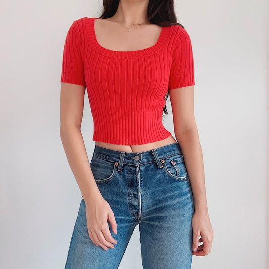 Y2K Tomato Red Knit Crop Top / SZ S