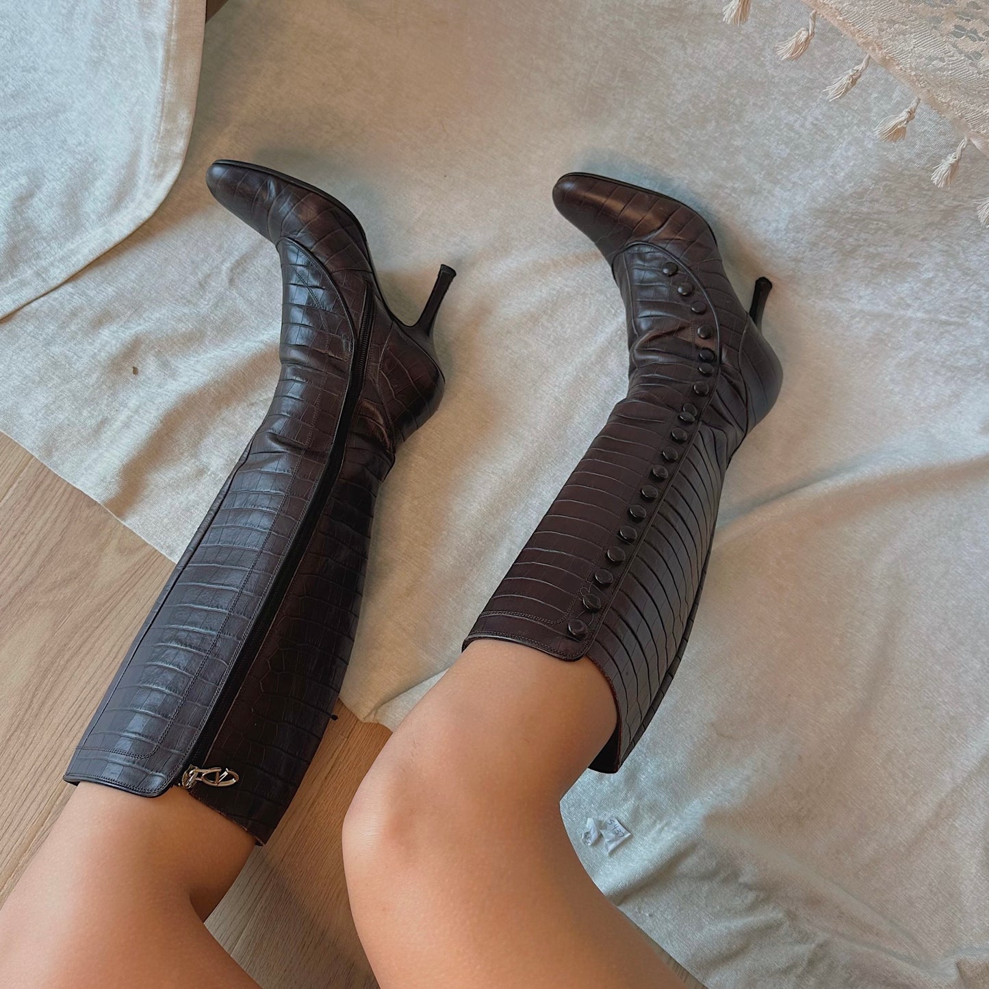 Valentino Brown Croc Victorian Style Boots / SZ 8.5