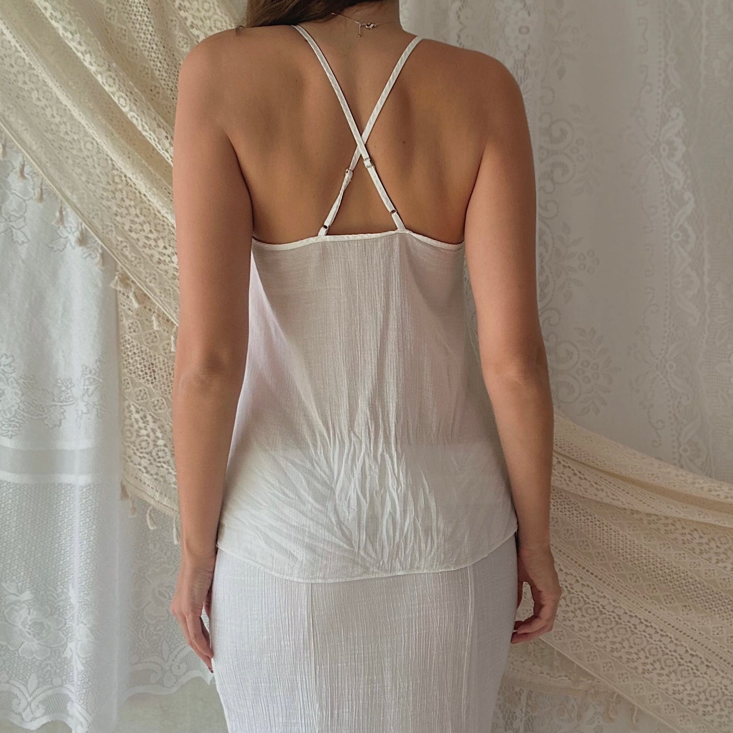 Y2K White Gauzy Peasant Tank / SZ XS/S