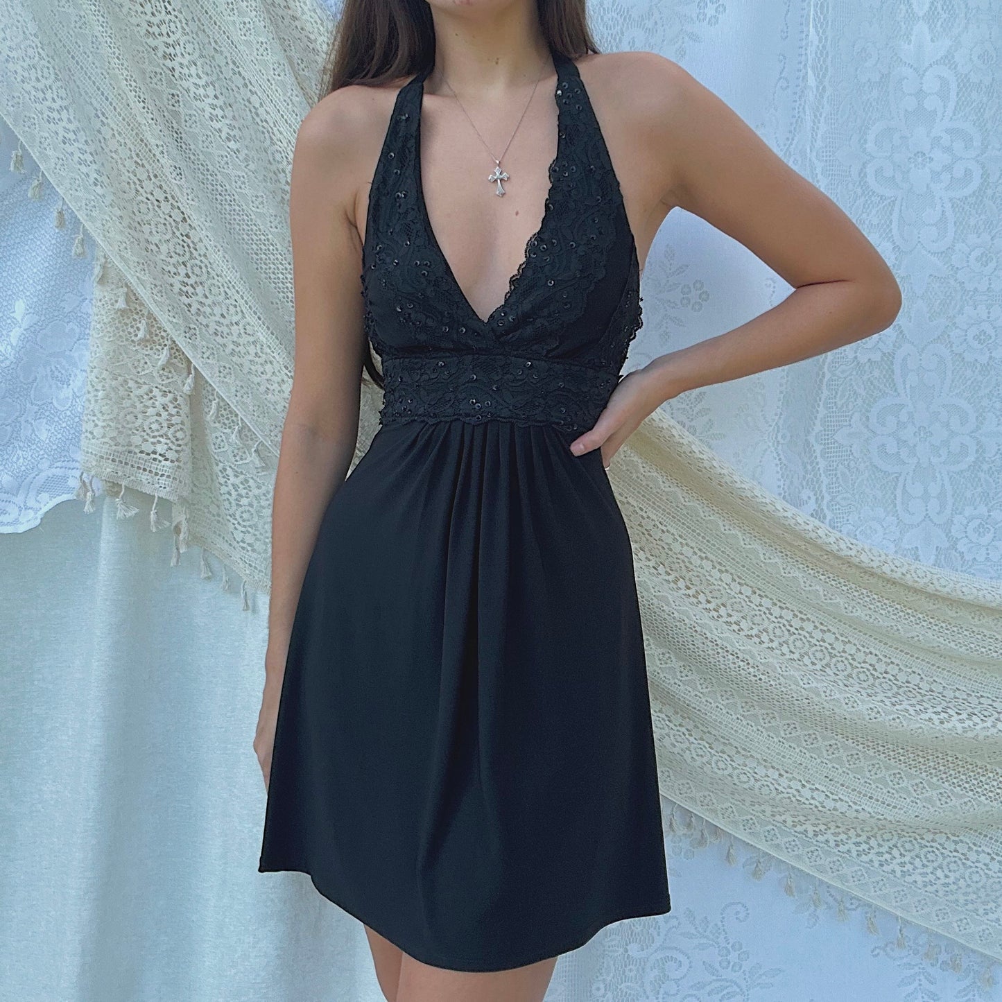 Y2K Black Lace Babydoll Halter Dress / SZ XS/S