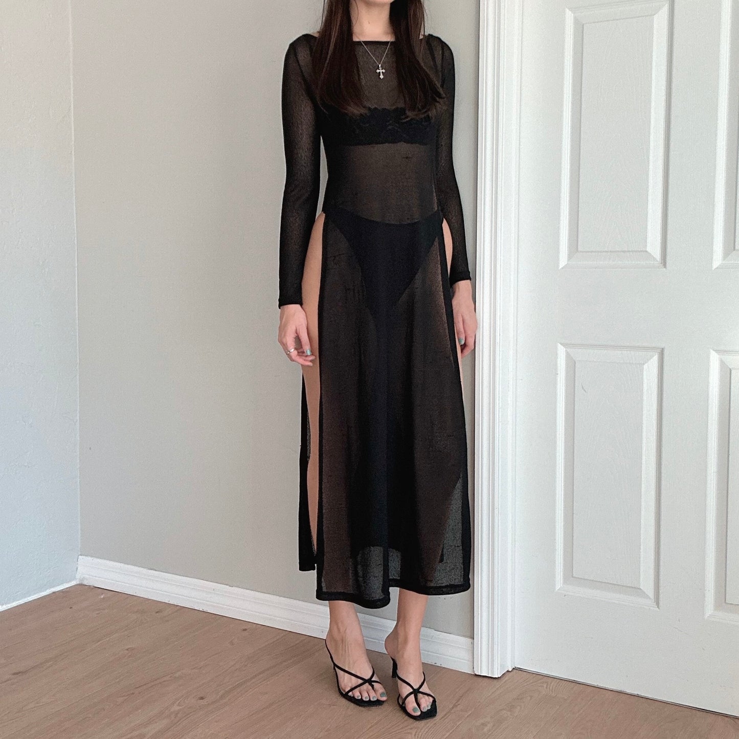 90's Black Knit Sheer Slit Dress / SZ S/M