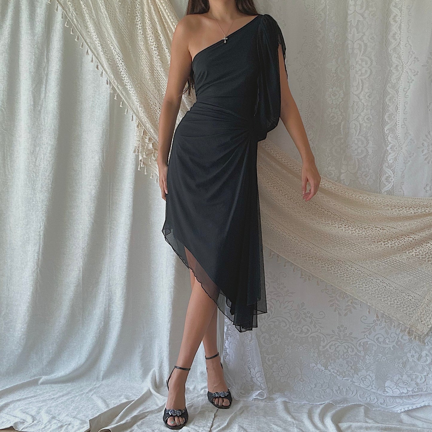 90's Black Mesh One Shoulder Dress / SZ M