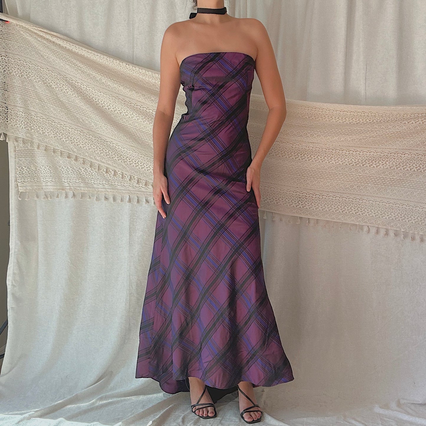 90's Purple Taffeta Plaid Gown / SZ 4/6