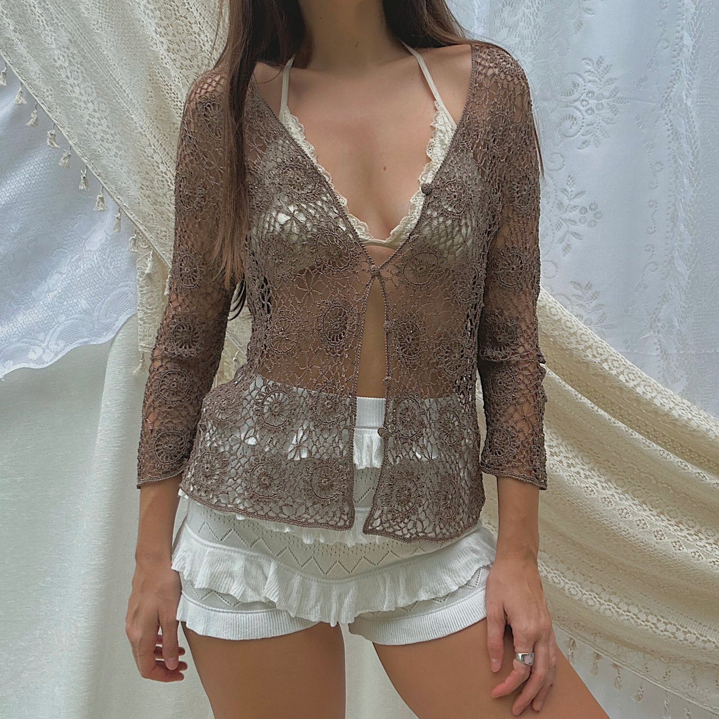 Y2K Dark Taupe Crochet Cardigan / SZ M