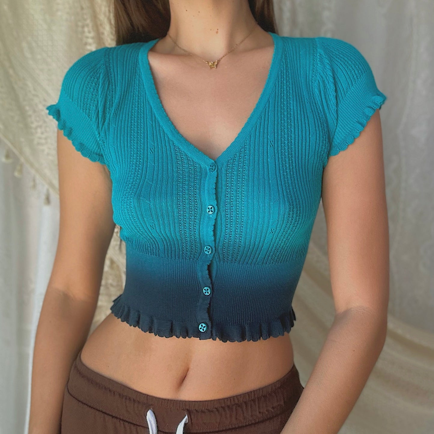 Y2K Guess Teal Ombre Knit Cardigan / SZ S