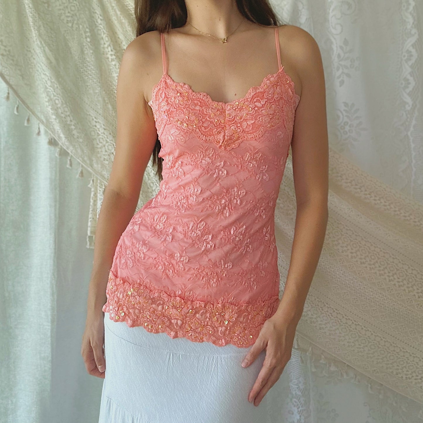 Y2K Bubblegum Pink Lace Sequin Tank / SZ M