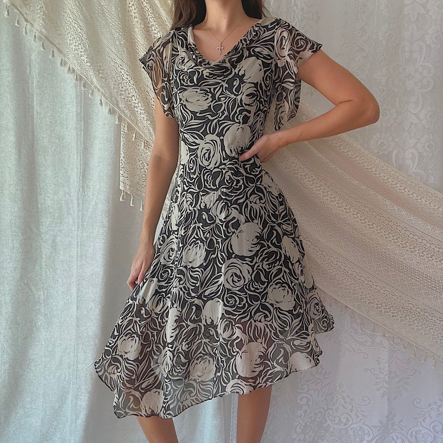 Y2K Black & Taupe Silk Printed Midi Dress / SZ 4/6