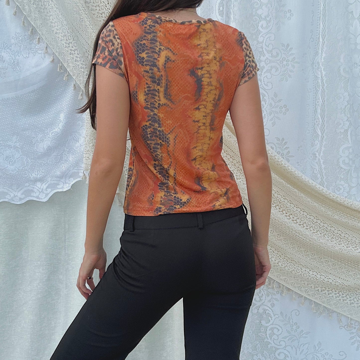 Y2K Orange Snakeskin Mesh Tee / SZ M