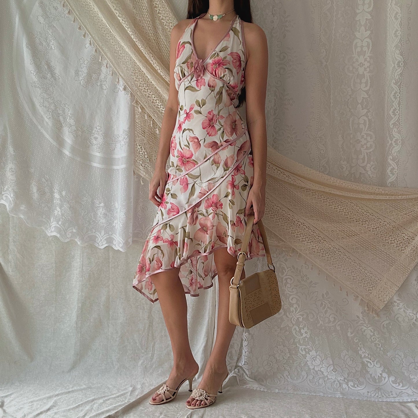 Y2K Cream & Blush Floral Midi Dress / SZ M
