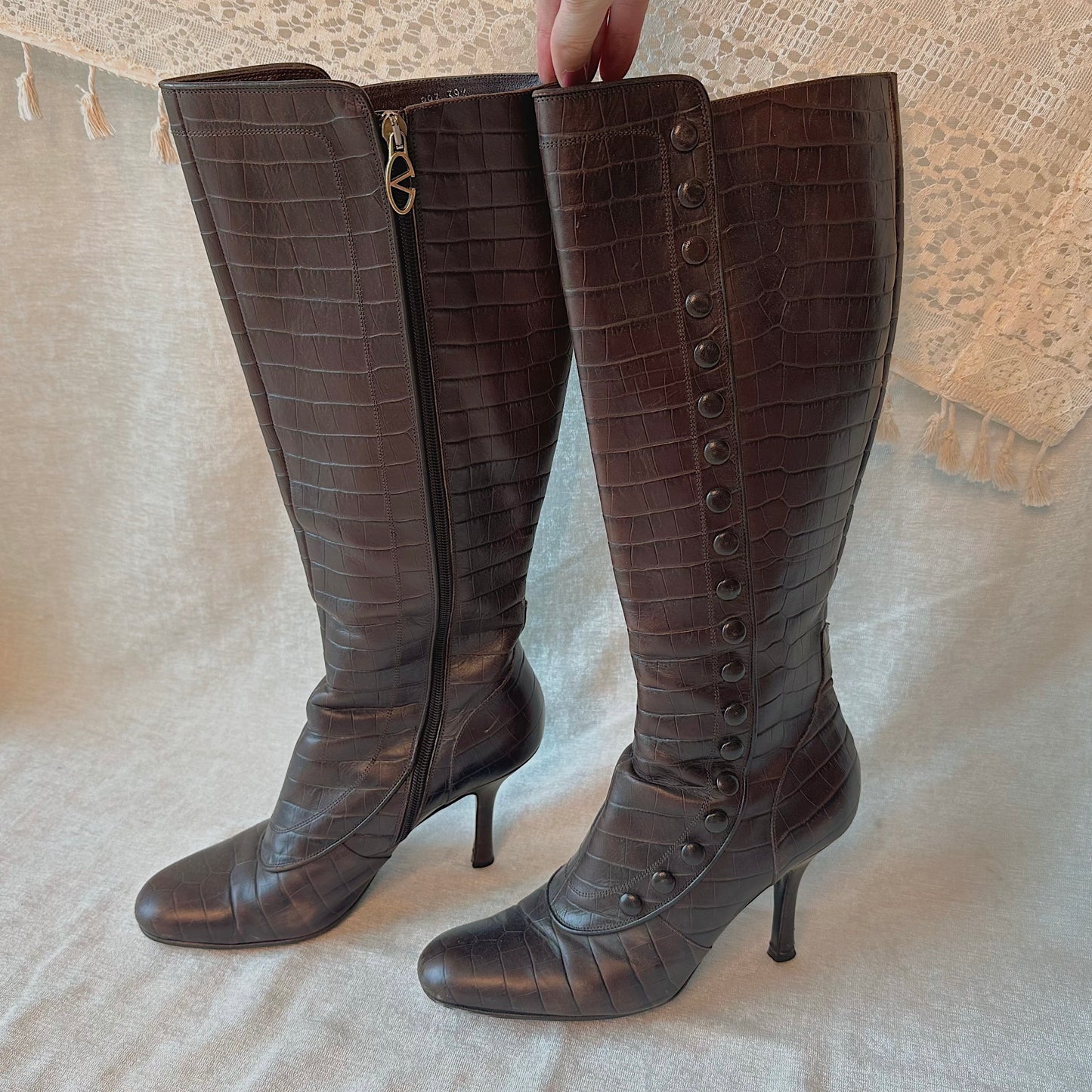 Valentino Brown Croc Victorian Style Boots / SZ 8.5