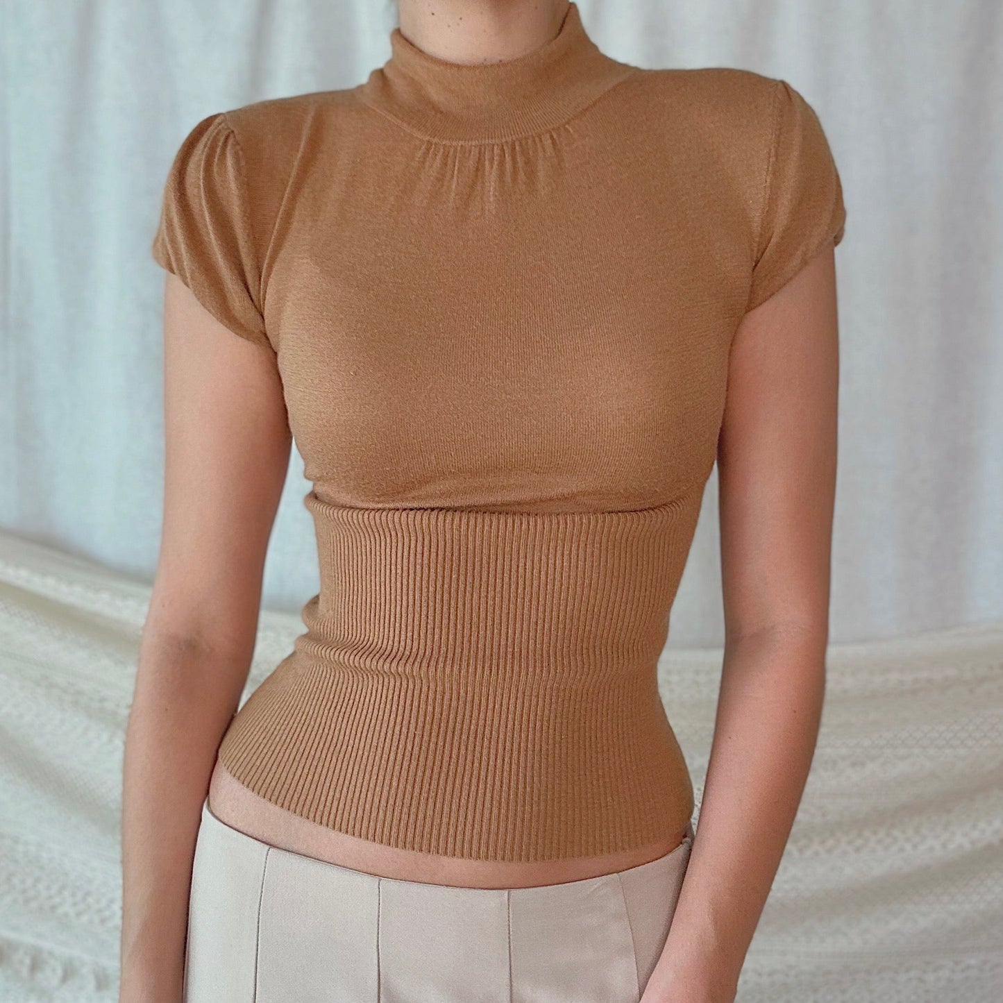 Y2K Bebe Camel Knit Puff Sleeve Top / SZ S