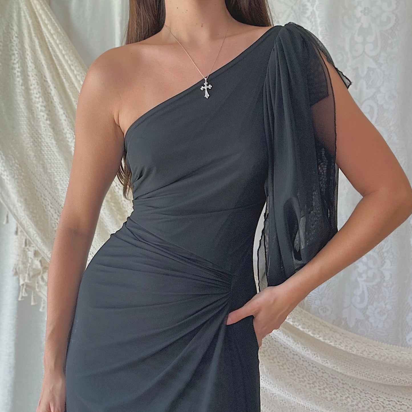 90's Black Mesh One Shoulder Dress / SZ M
