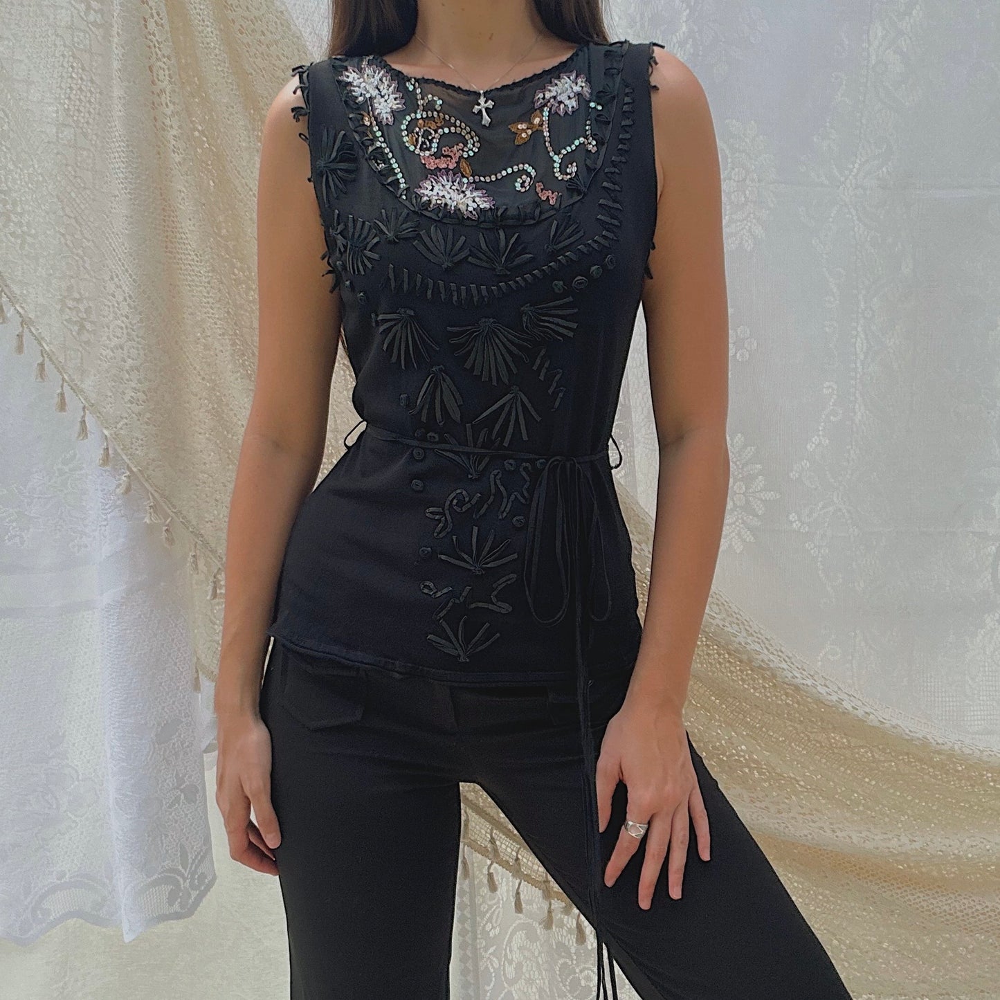 Roberto Cavalli Black Embroidered Top / SZ 48