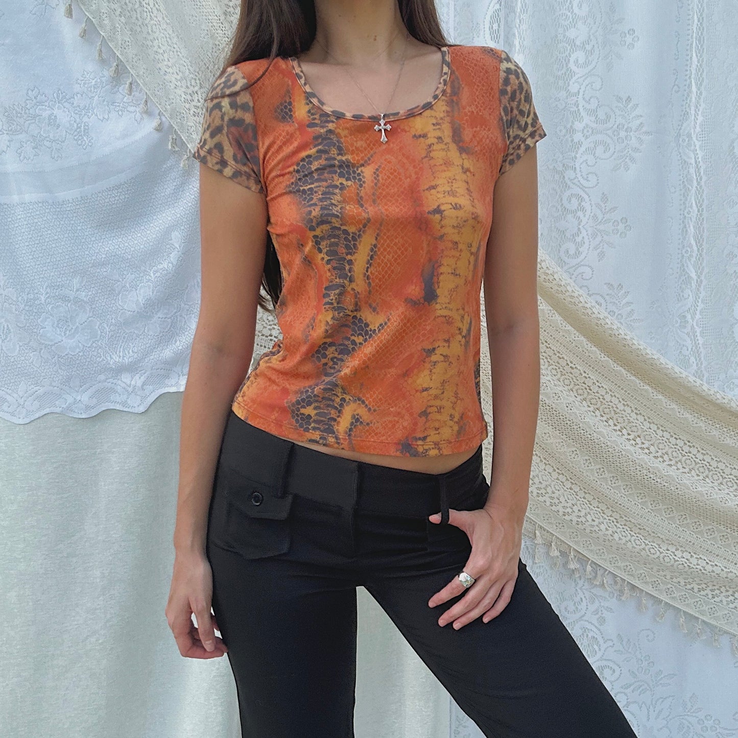Y2K Orange Snakeskin Mesh Tee / SZ M