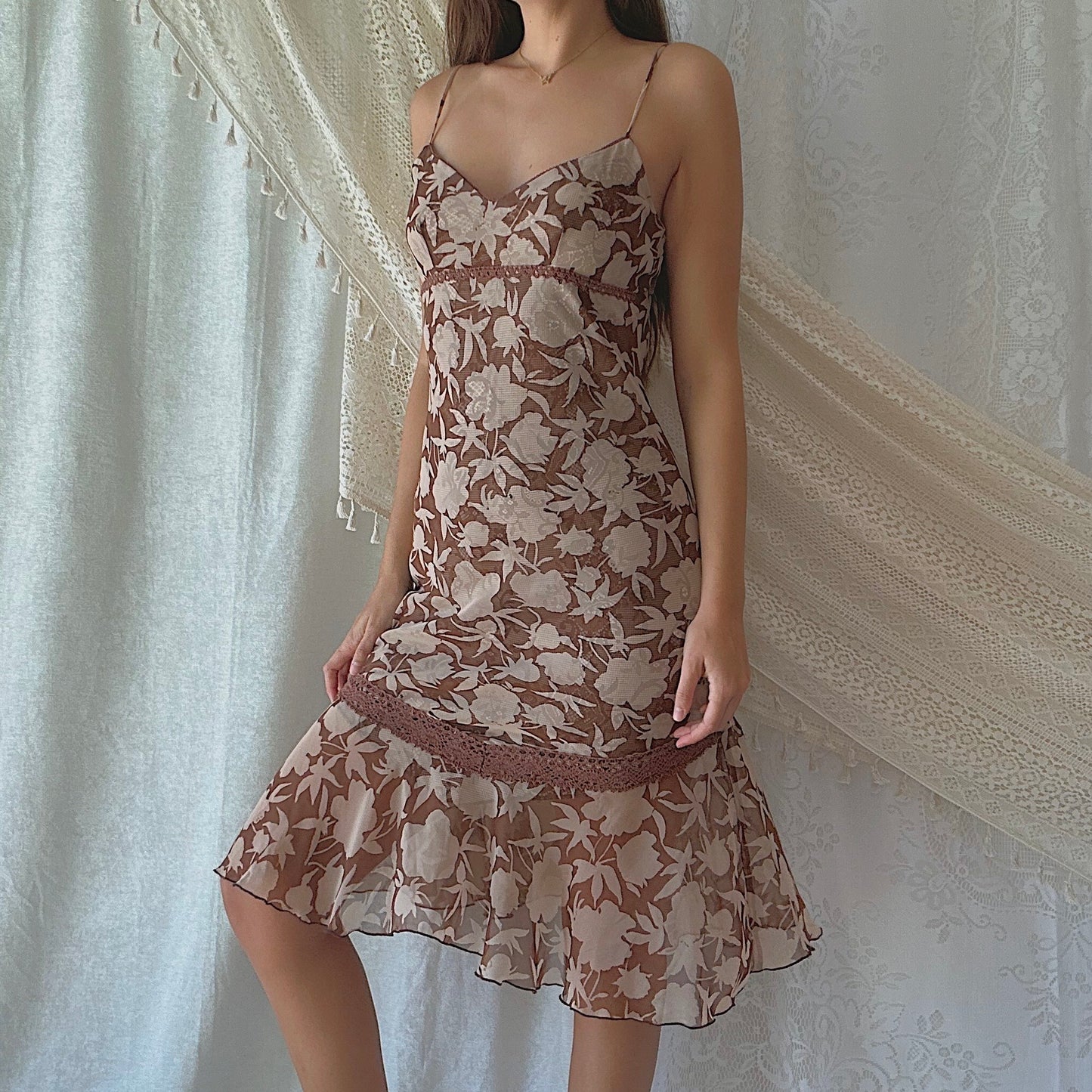 Y2K Brown & Tan Printed Midi Dress / SZ M