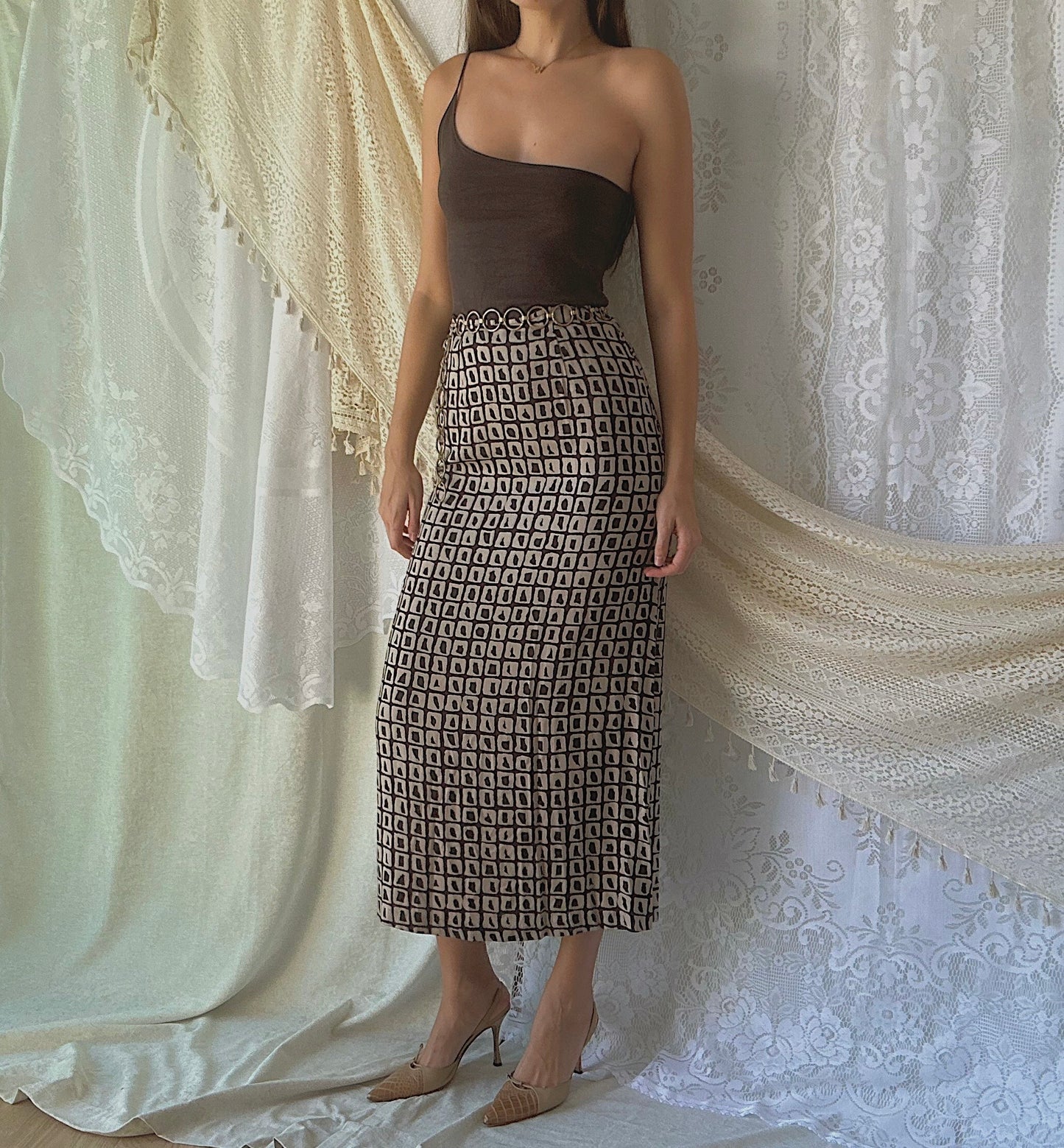90's Express Brown & Tan Maxi Skirt / SZ S