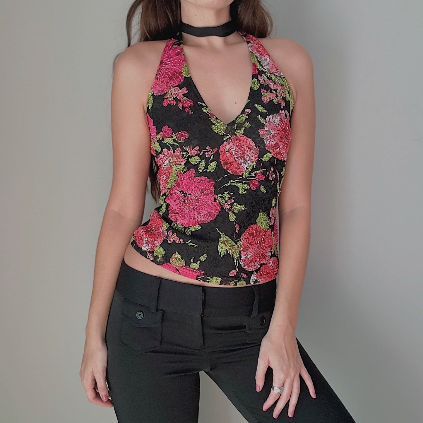Y2K Cache Black & Pink Lace Halter / SZ M