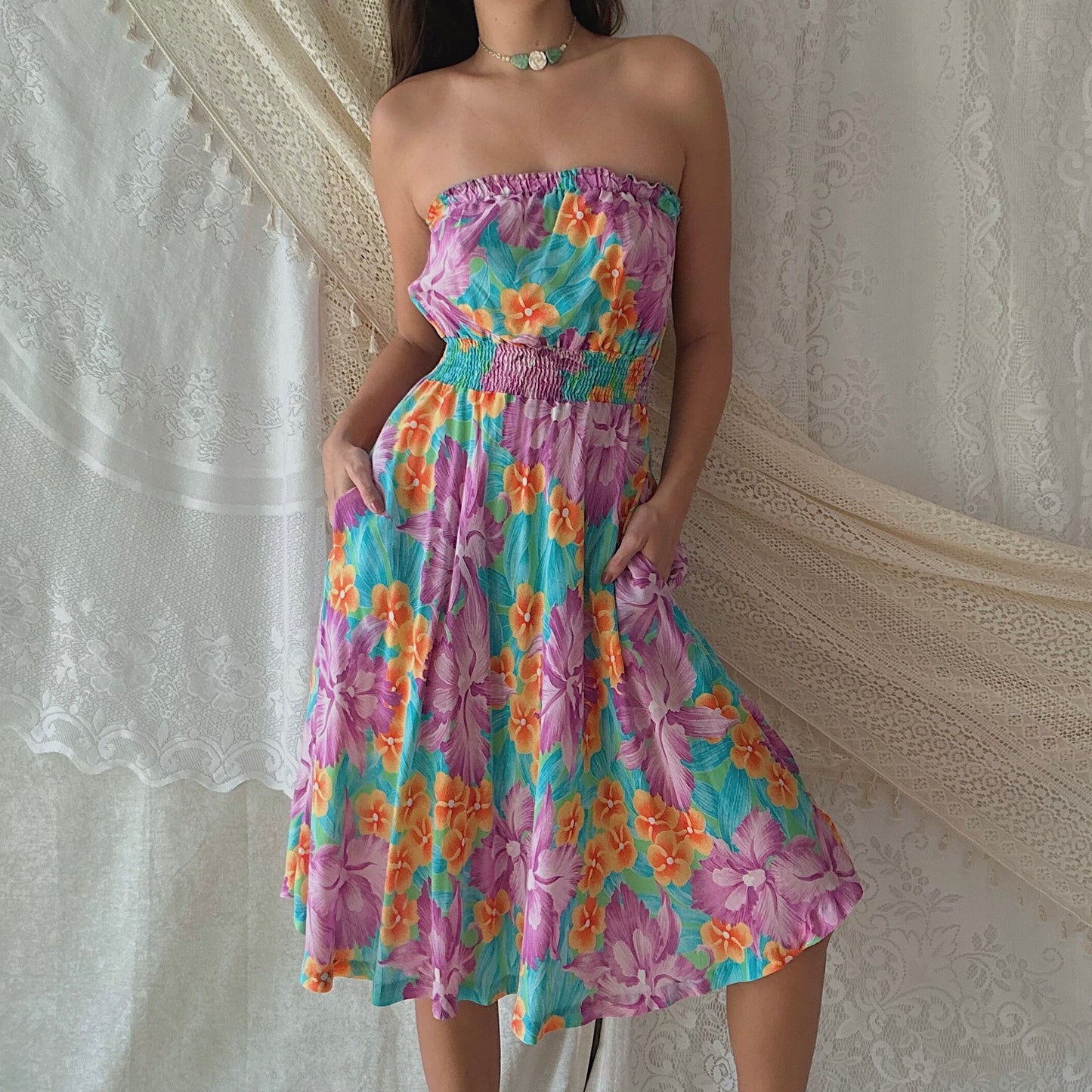 70's Purple Tropical Tube Midi Dress / SZ S