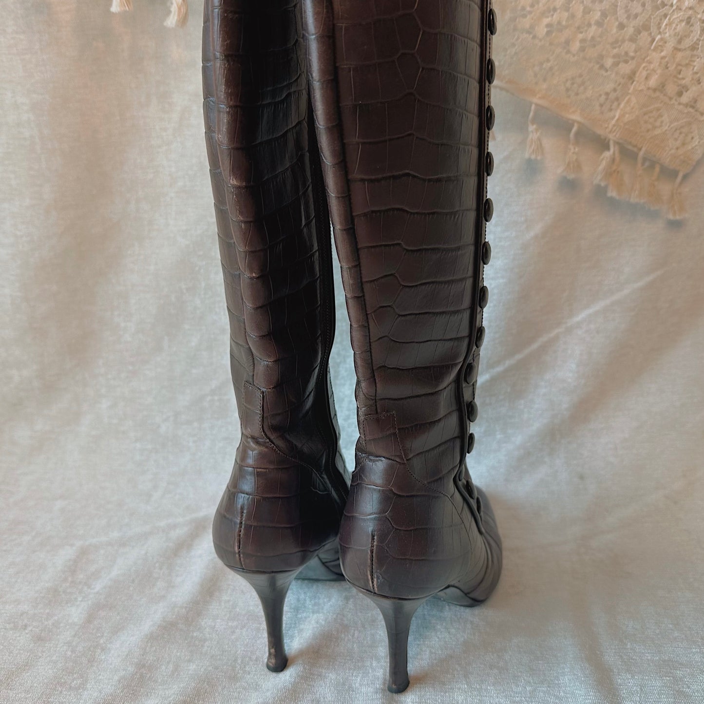 Valentino Brown Croc Victorian Style Boots / SZ 8.5