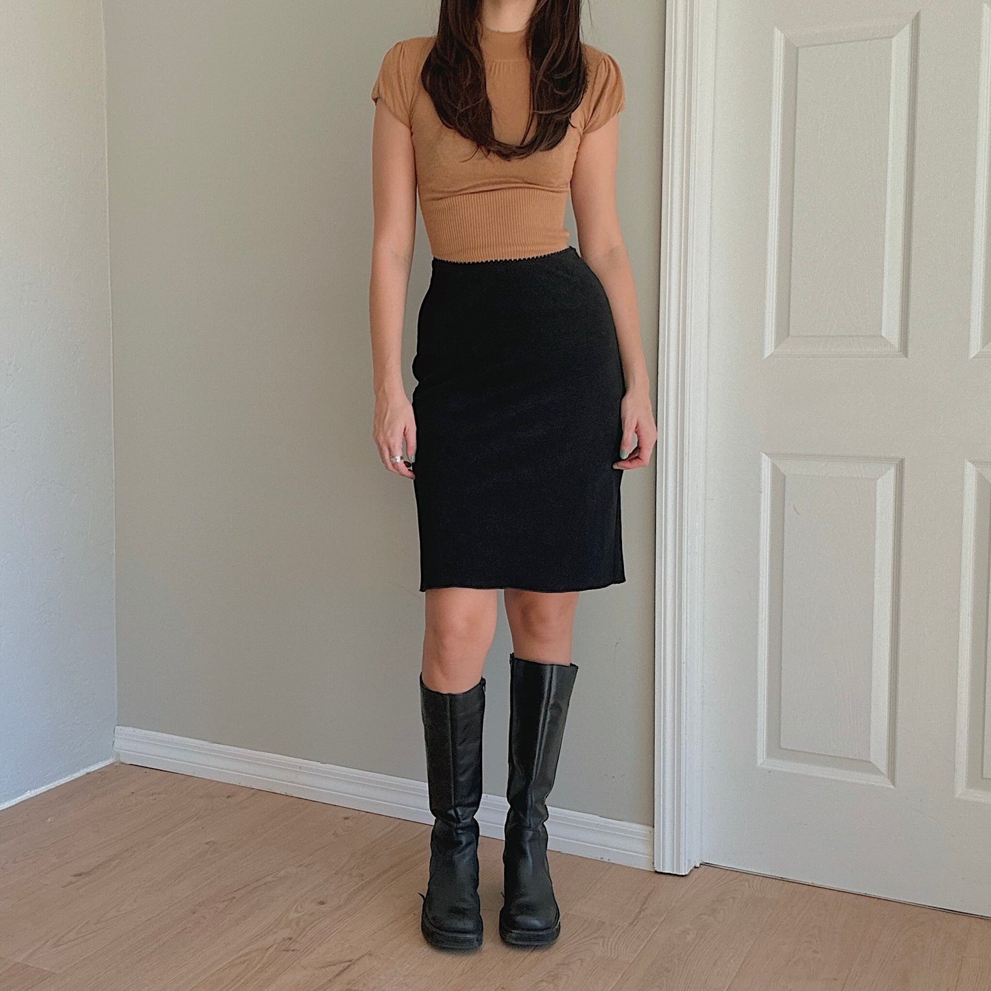 Y2K Black Faux Suede Midi Skirt / SZ XS/S