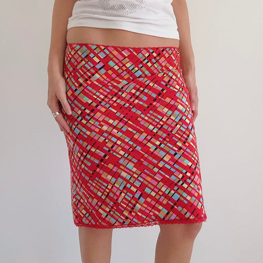 Y2K Red Multicolor Geometric Midi Skirt / SZ XS-M