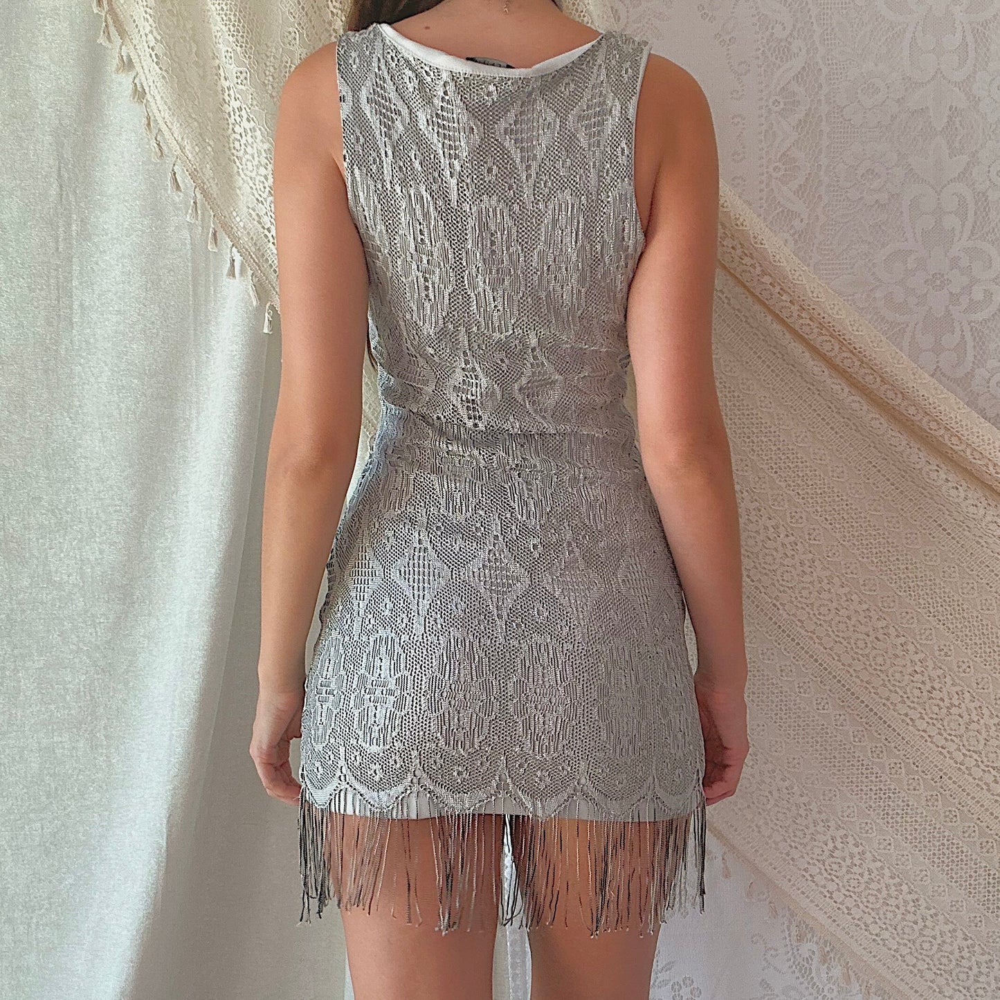 Y2K Silver Crochet Fringe Mini Dress / SZ M