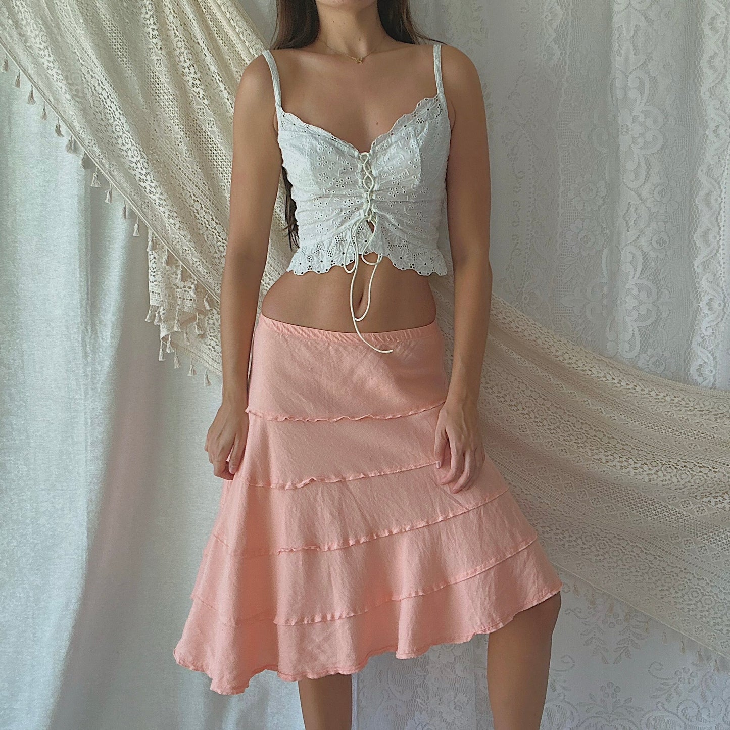 Y2K Coral Tiered Midi Skirt / SZ S