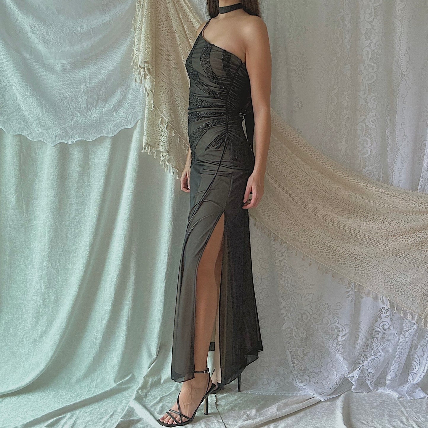 Y2K Black Beaded Mesh One Shoulder Gown / SZ M