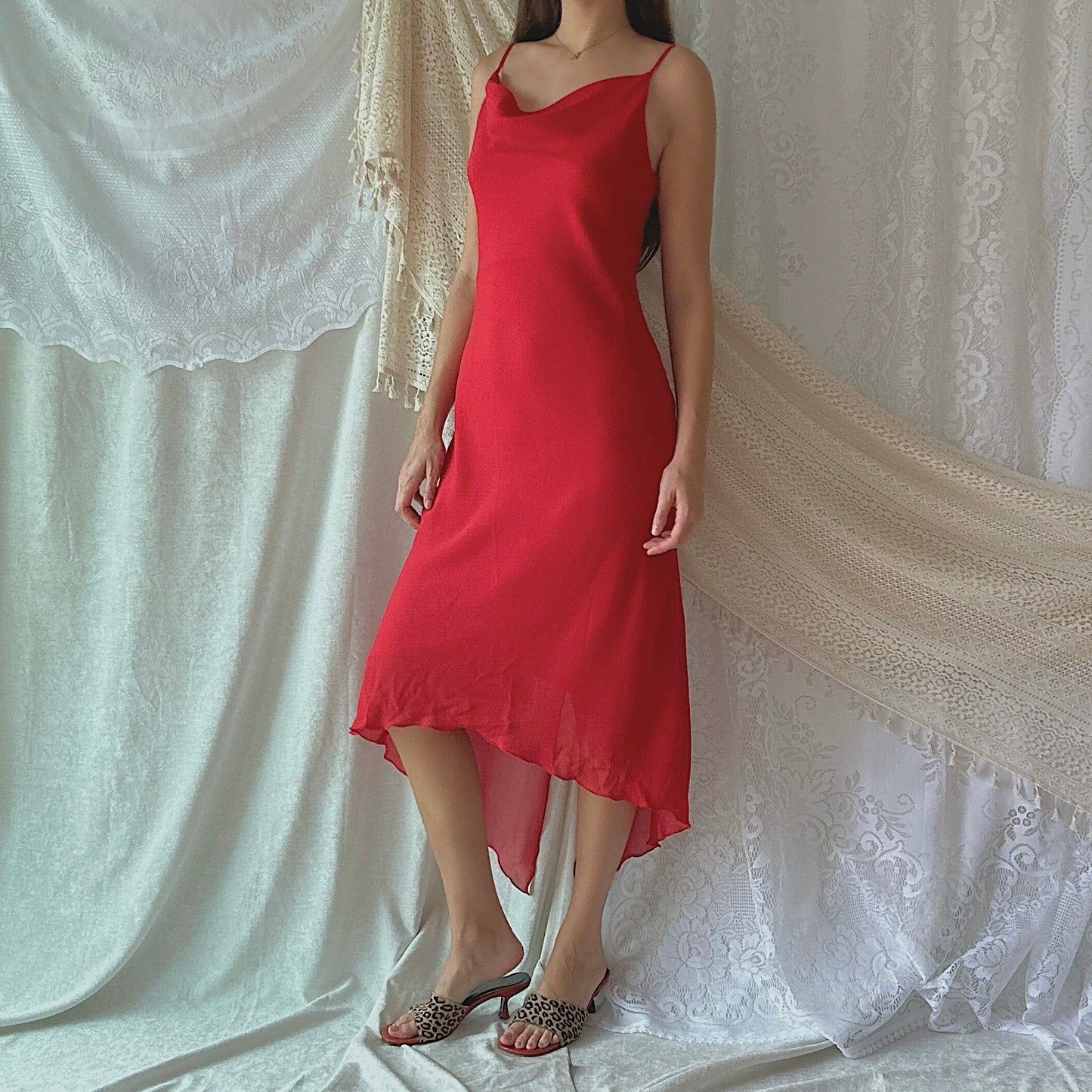 90's Red Chiffon Draped Dress / SZ M