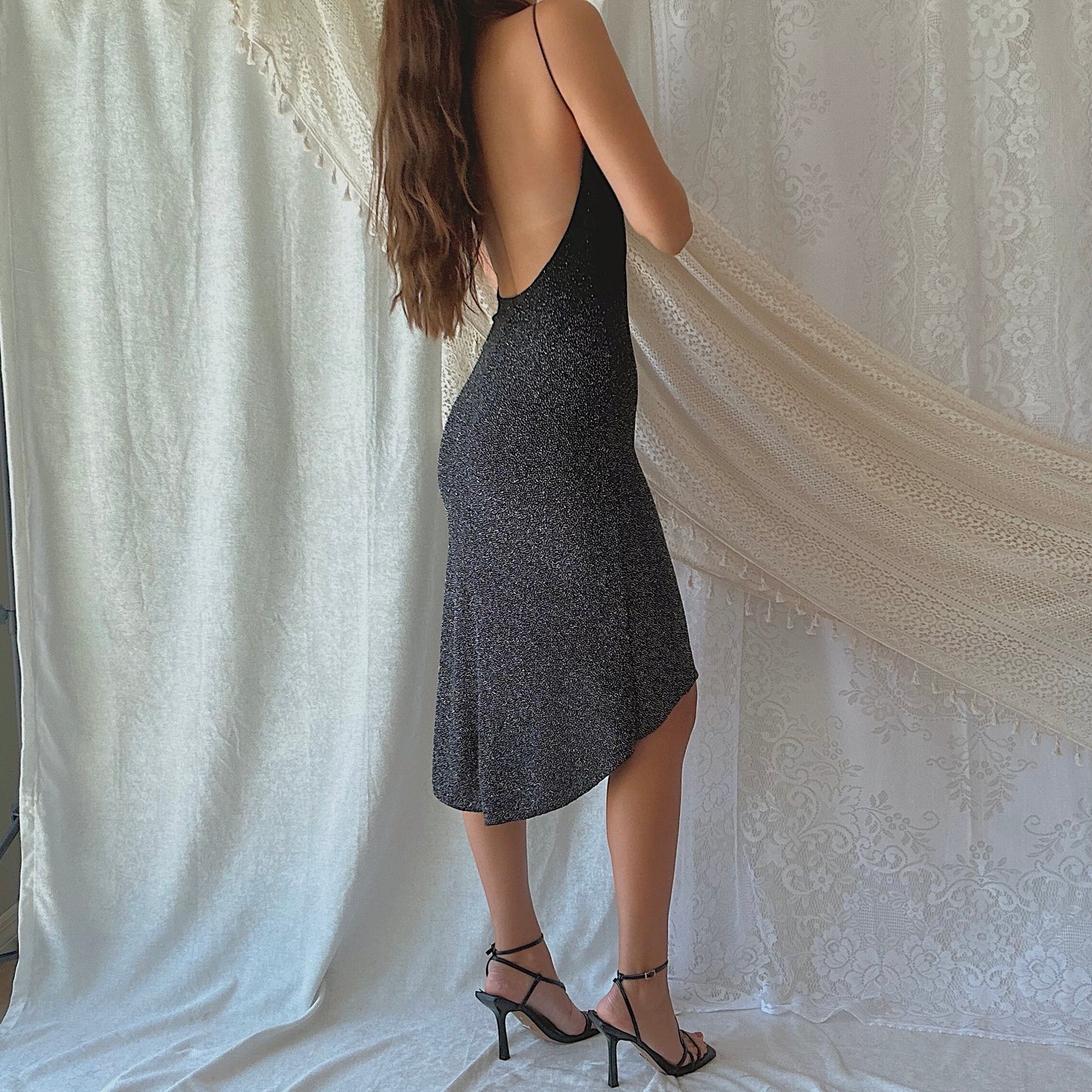 90's Black Glitter Backless Midi Dress / SZ S