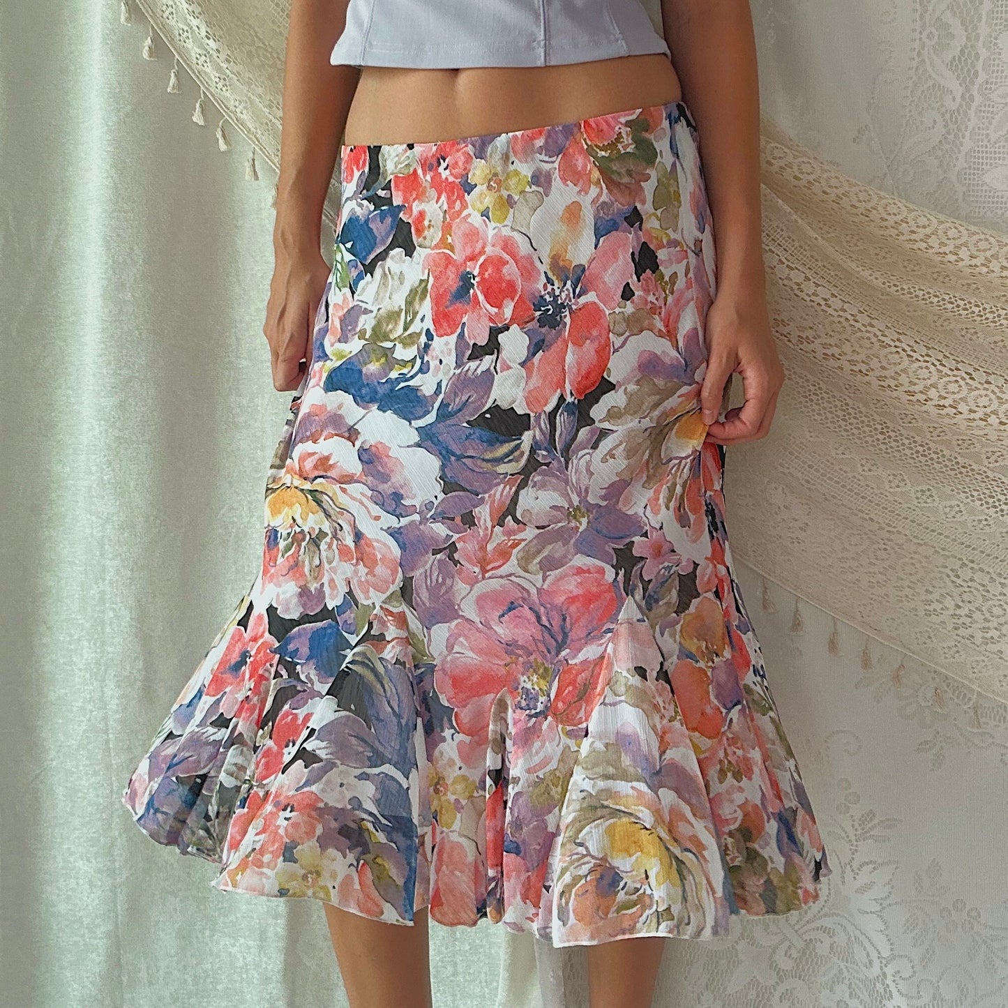 Y2K Purple & Pink Floral Midi Skirt / SZ M